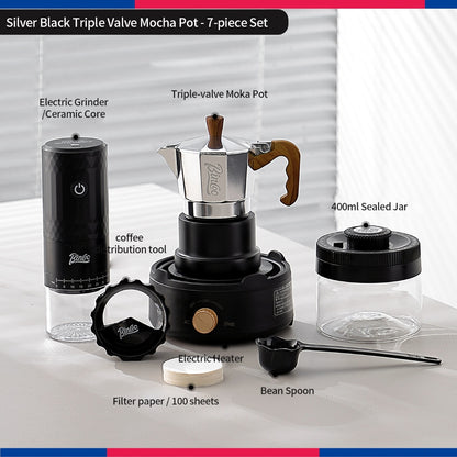 BINCOO Three‑Valve Moka Pot Set with Electric Hot Plate Manual Home Espresso Mini Coffee Maker Outdoor Coffee Kit 2Cups