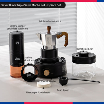 BINCOO Three‑Valve Moka Pot Set with Electric Hot Plate Manual Home Espresso Mini Coffee Maker Outdoor Coffee Kit 2Cups