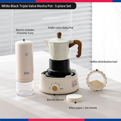 BINCOO Three‑Valve Moka Pot Set with Electric Hot Plate Manual Home Espresso Mini Coffee Maker Outdoor Coffee Kit 2Cups