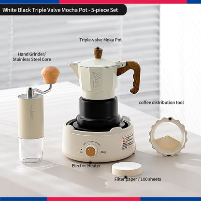 BINCOO Three‑Valve Moka Pot Set with Electric Hot Plate Manual Home Espresso Mini Coffee Maker Outdoor Coffee Kit 2Cups
