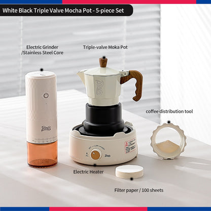 BINCOO Three‑Valve Moka Pot Set with Electric Hot Plate Manual Home Espresso Mini Coffee Maker Outdoor Coffee Kit 2Cups
