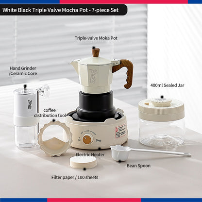 BINCOO Three‑Valve Moka Pot Set with Electric Hot Plate Manual Home Espresso Mini Coffee Maker Outdoor Coffee Kit 2Cups