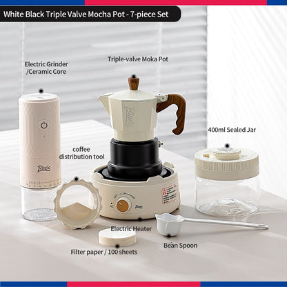 BINCOO Three‑Valve Moka Pot Set with Electric Hot Plate Manual Home Espresso Mini Coffee Maker Outdoor Coffee Kit 2Cups