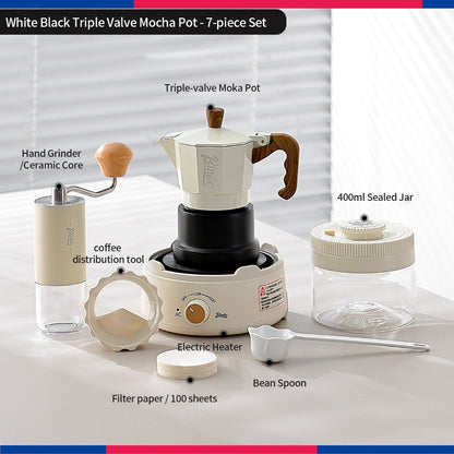 BINCOO Three‑Valve Moka Pot Set with Electric Hot Plate Manual Home Espresso Mini Coffee Maker Outdoor Coffee Kit 2Cups