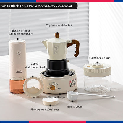 BINCOO Three‑Valve Moka Pot Set with Electric Hot Plate Manual Home Espresso Mini Coffee Maker Outdoor Coffee Kit 2Cups
