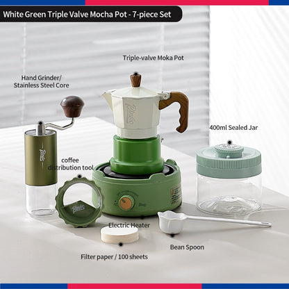 BINCOO Three‑Valve Moka Pot Set with Electric Hot Plate Manual Home Espresso Mini Coffee Maker Outdoor Coffee Kit 2Cups