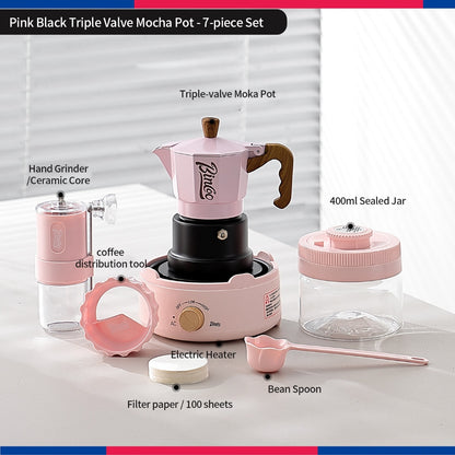 BINCOO Three‑Valve Moka Pot Set with Electric Hot Plate Manual Home Espresso Mini Coffee Maker Outdoor Coffee Kit 2Cups