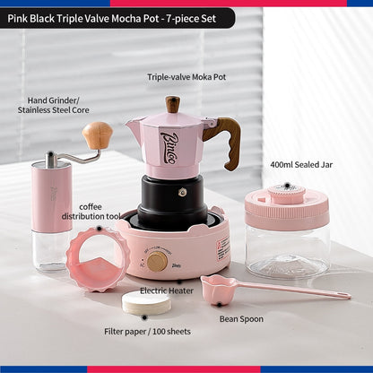 BINCOO Three‑Valve Moka Pot Set with Electric Hot Plate Manual Home Espresso Mini Coffee Maker Outdoor Coffee Kit 2Cups