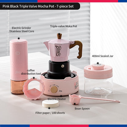BINCOO Three‑Valve Moka Pot Set with Electric Hot Plate Manual Home Espresso Mini Coffee Maker Outdoor Coffee Kit 2Cups