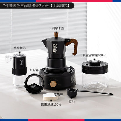 BINCOO Three‑Valve Moka Pot Set with Electric Hot Plate Manual Home Espresso Mini Coffee Maker Outdoor Coffee Kit 2Cups