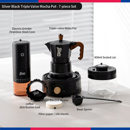 BINCOO Three‑Valve Moka Pot Set with Electric Hot Plate Manual Home Espresso Mini Coffee Maker Outdoor Coffee Kit 2Cups