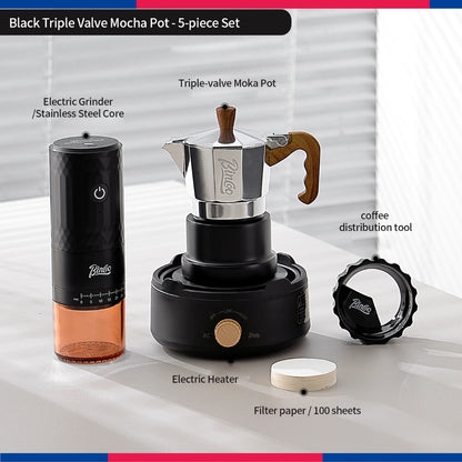 BINCOO Three‑Valve Moka Pot Set with Electric Hot Plate Manual Home Espresso Mini Coffee Maker Outdoor Coffee Kit 2Cups