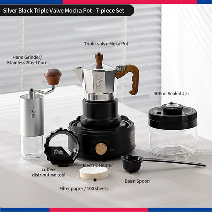BINCOO Three‑Valve Moka Pot Set with Electric Hot Plate Manual Home Espresso Mini Coffee Maker Outdoor Coffee Kit 2Cups