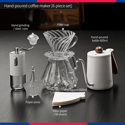 BINCOO Hand‑pour Coffee Set, V60 Dripper with Manual Coffee Grinder, Glass Sharing Pot, Heat‑Resistant View‑Mountain Kettle Kit