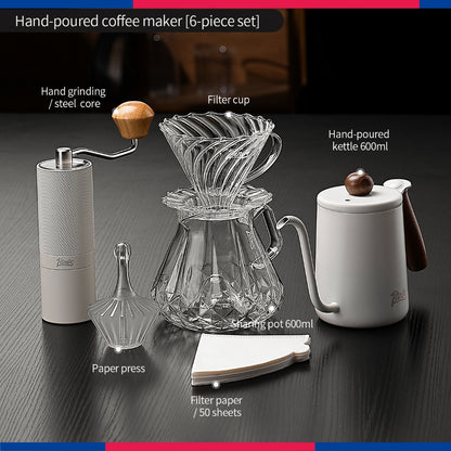 BINCOO Hand‑pour Coffee Set, V60 Dripper with Manual Coffee Grinder, Glass Sharing Pot, Heat‑Resistant View‑Mountain Kettle Kit