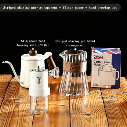 BINCOO Glass Coffee Server & Stainless Steel Pour‑Over Kettle Set, Drip Coffee Kit with Manual Coffee Grinder