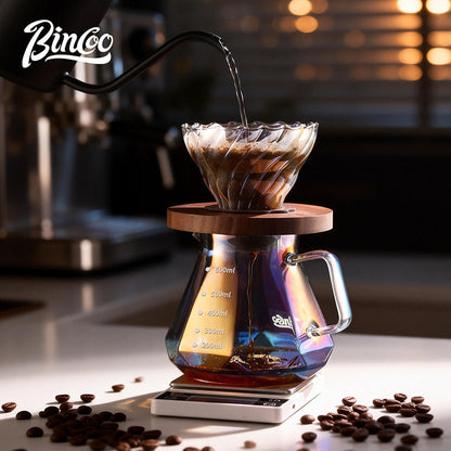 BINCOO Pour‑Over Coffee Set with Manual Coffee Grinder, Glass Server & Glass Dripper with Wooden Holder, Coffee Brewing Kit