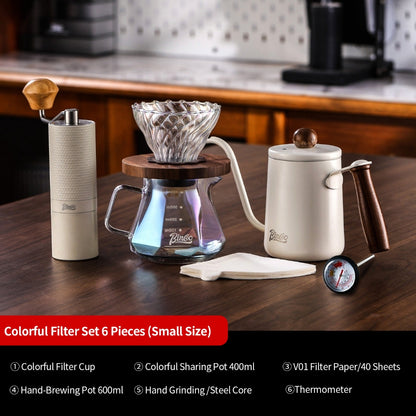 BINCOO Pour‑Over Coffee Set with Manual Coffee Grinder, Glass Server & Glass Dripper with Wooden Holder, Coffee Brewing Kit