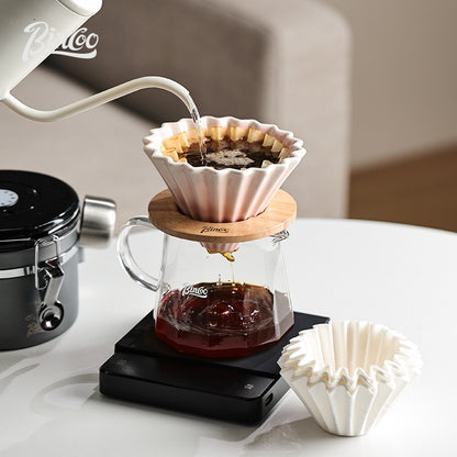 BINCOO Glass Server & Ceramic Dripper with Wooden Holder Pour‑Over Coffee Set with Manual Coffee Grinder