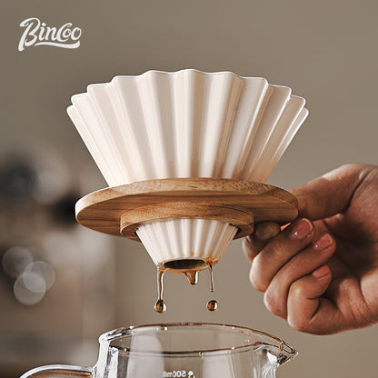 BINCOO Glass Server & Ceramic Dripper with Wooden Holder Pour‑Over Coffee Set with Manual Coffee Grinder