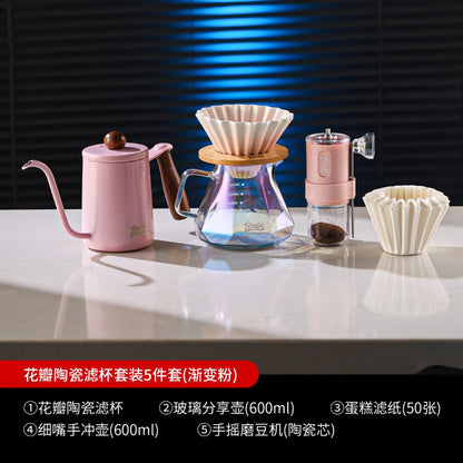 BINCOO Glass Server & Ceramic Dripper with Wooden Holder Pour‑Over Coffee Set with Manual Coffee Grinder