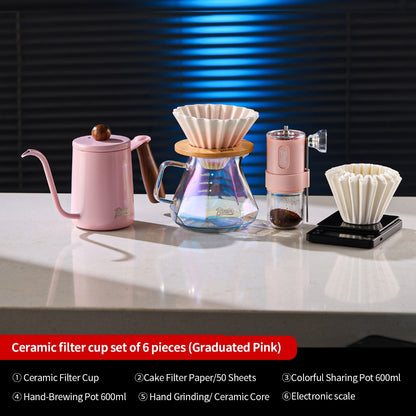 BINCOO Glass Server & Ceramic Dripper with Wooden Holder Pour‑Over Coffee Set with Manual Coffee Grinder