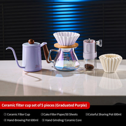 BINCOO Glass Server & Ceramic Dripper with Wooden Holder Pour‑Over Coffee Set with Manual Coffee Grinder