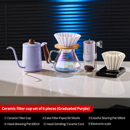 BINCOO Glass Server & Ceramic Dripper with Wooden Holder Pour‑Over Coffee Set with Manual Coffee Grinder