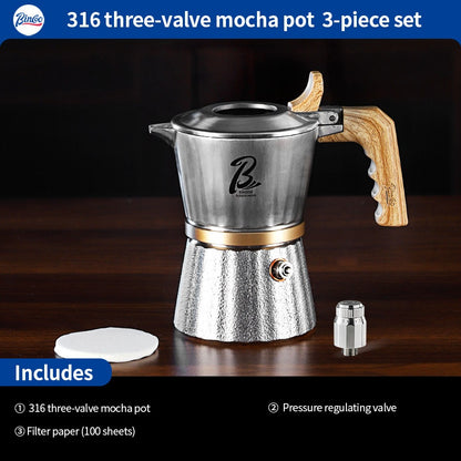 BINCOO Three‑Valve Moka Pot, 316 Stainless Steel Home Double‑Valve Coffee Pot Gift Box Set, Ideal for Birthday Gifting 2Cups