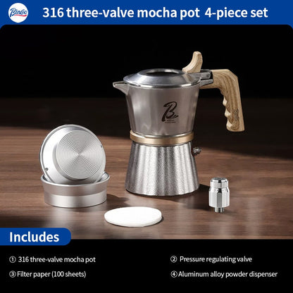 BINCOO Three‑Valve Moka Pot, 316 Stainless Steel Home Double‑Valve Coffee Pot Gift Box Set, Ideal for Birthday Gifting 2Cups