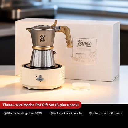 BINCOO Three‑Valve Moka Pot, 316 Stainless Steel Home Double‑Valve Coffee Pot Gift Box Set, Ideal for Birthday Gifting 2Cups