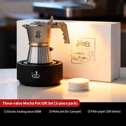 BINCOO Three‑Valve Moka Pot, 316 Stainless Steel Home Double‑Valve Coffee Pot Gift Box Set, Ideal for Birthday Gifting 2Cups