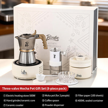 BINCOO Three‑Valve Moka Pot, 316 Stainless Steel Home Double‑Valve Coffee Pot Gift Box Set, Ideal for Birthday Gifting 2Cups