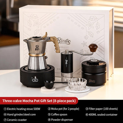 BINCOO Three‑Valve Moka Pot, 316 Stainless Steel Home Double‑Valve Coffee Pot Gift Box Set, Ideal for Birthday Gifting 2Cups