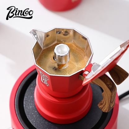 BINCOO Red 3-Valve Coffee Moka Pot Complete Set with Electric Hot Plate, Small Italian Coffee Maker 2Cups