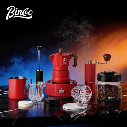 BINCOO Red 3-Valve Coffee Moka Pot Complete Set with Electric Hot Plate, Small Italian Coffee Maker 2Cups