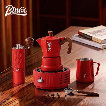 BINCOO Red 3-Valve Coffee Moka Pot Complete Set with Electric Hot Plate, Small Italian Coffee Maker 2Cups