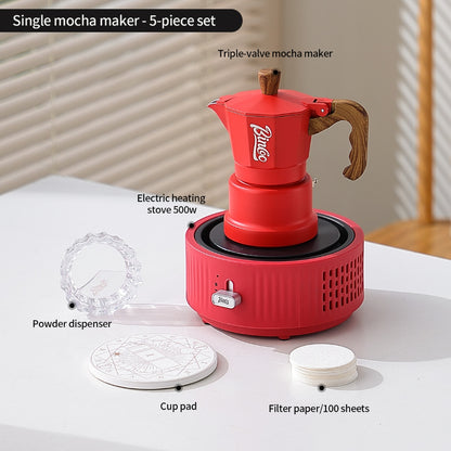 BINCOO Red 3-Valve Coffee Moka Pot Complete Set with Electric Hot Plate, Small Italian Coffee Maker 2Cups