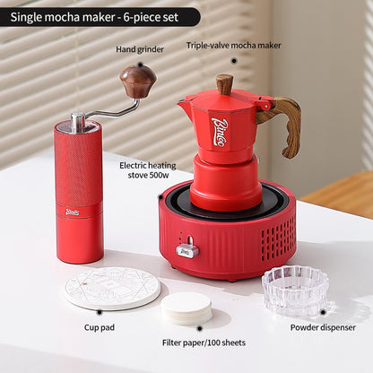 BINCOO Red 3-Valve Coffee Moka Pot Complete Set with Electric Hot Plate, Small Italian Coffee Maker 2Cups