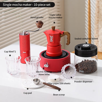 BINCOO Red 3-Valve Coffee Moka Pot Complete Set with Electric Hot Plate, Small Italian Coffee Maker 2Cups