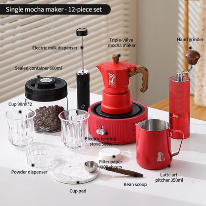 BINCOO Red 3-Valve Coffee Moka Pot Complete Set with Electric Hot Plate, Small Italian Coffee Maker 2Cups