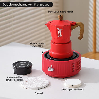 BINCOO Red 3-Valve Coffee Moka Pot Complete Set with Electric Hot Plate, Small Italian Coffee Maker 2Cups