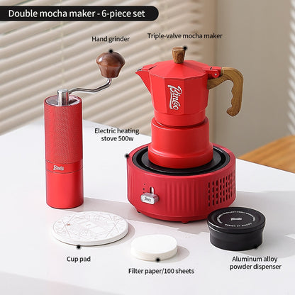 BINCOO Red 3-Valve Coffee Moka Pot Complete Set with Electric Hot Plate, Small Italian Coffee Maker 2Cups