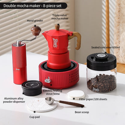 BINCOO Red 3-Valve Coffee Moka Pot Complete Set with Electric Hot Plate, Small Italian Coffee Maker 2Cups