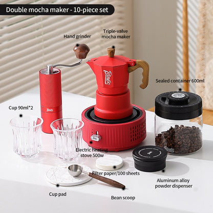 BINCOO Red 3-Valve Coffee Moka Pot Complete Set with Electric Hot Plate, Small Italian Coffee Maker 2Cups