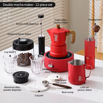 BINCOO Red 3-Valve Coffee Moka Pot Complete Set with Electric Hot Plate, Small Italian Coffee Maker 2Cups