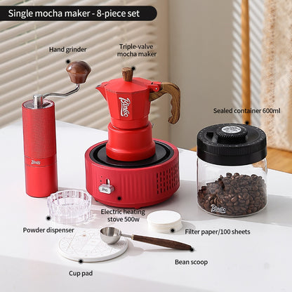 BINCOO Red 3-Valve Coffee Moka Pot Complete Set with Electric Hot Plate, Small Italian Coffee Maker 2Cups