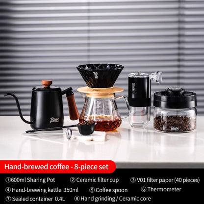 BINCOO Pour Over Coffee Set, Glass Hand Brewed Pot with Ceramic V60 Dripper, Home Brewing Filter Pot Coffee Grinder Coffee Utensil Set