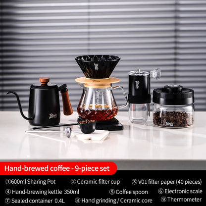BINCOO Pour Over Coffee Set, Glass Hand Brewed Pot with Ceramic V60 Dripper, Home Brewing Filter Pot Coffee Grinder Coffee Utensil Set