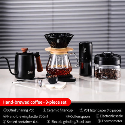 BINCOO Pour Over Coffee Set, Glass Hand Brewed Pot with Ceramic V60 Dripper, Home Brewing Filter Pot Coffee Grinder Coffee Utensil Set